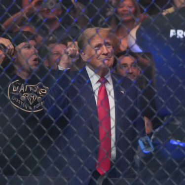 Former President Donald Trump gestures while attending the UFC 302 mixed martial arts event Saturday, June 1, 2024, in Newark, N.J. (AP Photo/Frank Franklin II)