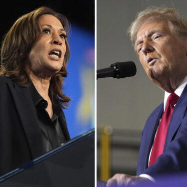 This combination photo shows Democratic presidential nominee Vice President Kamala Harris at a rally in Flint, Mich., Oct. 4, 2024, left, and Republican presidential nominee former President Donald Trump at a campaign rally in Walker, Mich., Sept. 27, 2024. (AP Photo)