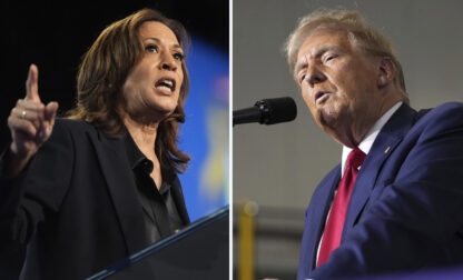 This combination photo shows Democratic presidential nominee Vice President Kamala Harris at a rally in Flint, Mich., Oct. 4, 2024, left, and Republican presidential nominee former President Donald Trump at a campaign rally in Walker, Mich., Sept. 27, 2024. (AP Photo)