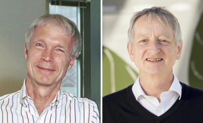 This photo combo shows the 2024 Nobel Prize winners in Physics, professor John Hopfield, left, of Princeton University, and professor Geoffrey Hinton, of the University of Toronto, Tuesday, Oct. 8, 2024. (Princeton University via AP and Noah Berger/AP Photo)