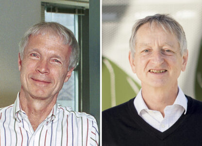 This photo combo shows the 2024 Nobel Prize winners in Physics, professor John Hopfield, left, of Princeton University, and professor Geoffrey Hinton, of the University of Toronto, Tuesday, Oct. 8, 2024. (Princeton University via AP and Noah Berger/AP Photo)