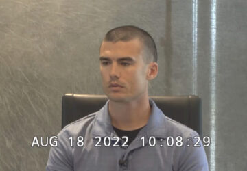 In this image from U.S. District Court, southern district of Indiana deposition video, Evansville Police Officer Trevor Koontz is questioned about the death of Edward Snukis in Evansville, Ind., on Aug. 18, 2022. (AP Photo)