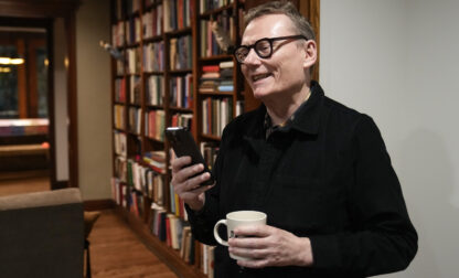 Nobel prize winner in Economics, James A. Robinson, gives an interview to the Associated Press from his home in the Hyde Park neighborhood of Chicago, Monday, Oct. 14, 2024. (AP Photo/Charles Rex Arbogast)