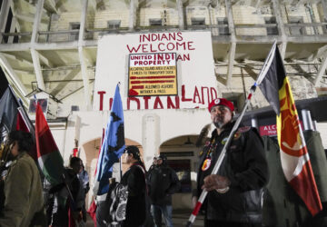 A sign from the Occupation of Alcatraz stands during Indigenous Peoples Day on Monday, Oct. 14, 2024, in San Francisco. (AP Photo/Minh Connors)