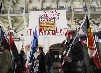 A sign from the Occupation of Alcatraz stands during Indigenous Peoples Day on Monday, Oct. 14, 2024, in San Francisco. (AP Photo/Minh Connors)