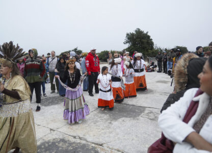 Dancers exit the circle on Indigenous Peoples Day Monday, Oct. 14, 2024, in San Francisco. (AP Photo/Minh Connors)