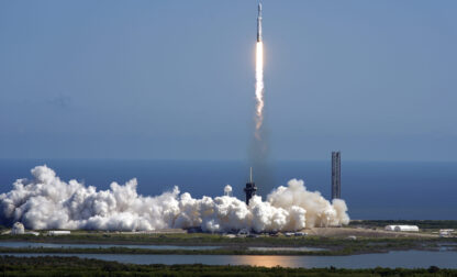 A SpaceX Falcon Heavy rocket with a NASA spacecraft bound for Jupiter lifts off from pad 39A at the Kennedy Space Center Monday, Oct. 14, 2024 in Cape Canaveral, Fla. (AP Photo/John Raoux)