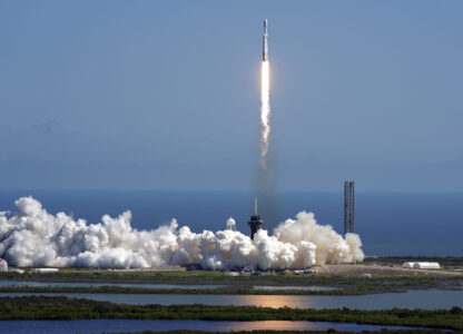 A SpaceX Falcon Heavy rocket with a NASA spacecraft bound for Jupiter lifts off from pad 39A at the Kennedy Space Center Monday, Oct. 14, 2024 in Cape Canaveral, Fla. (AP Photo/John Raoux)