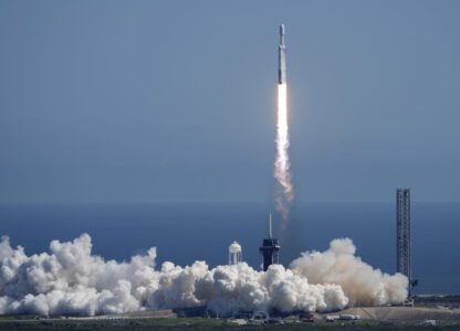 A SpaceX Falcon Heavy rocket with a NASA spacecraft bound for Jupiter lifts off from pad 39A at the Kennedy Space Center Monday, Oct. 14, 2024 in Cape Canaveral, Fla. (AP Photo/John Raoux)