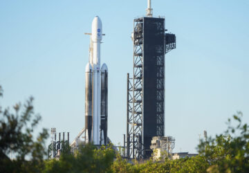 A SpaceX Falcon Heavy rocket with a NASA spacecraft bound for Jupiter stands ready for launch today on pad 39A at the Kennedy Space Center Monday, Oct. 14, 2024 in Cape Canaveral, Fla. (AP Photo/John Raoux)