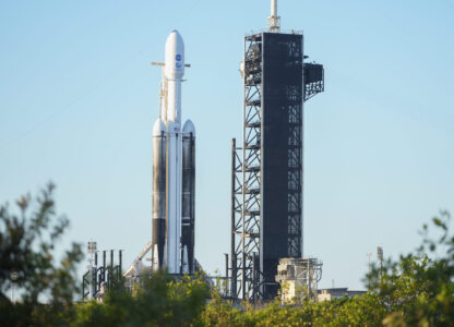 A SpaceX Falcon Heavy rocket with a NASA spacecraft bound for Jupiter stands ready for launch today on pad 39A at the Kennedy Space Center Monday, Oct. 14, 2024 in Cape Canaveral, Fla. (AP Photo/John Raoux)