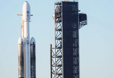 A SpaceX Falcon Heavy rocket with a NASA spacecraft bound for Jupiter stands ready for launch today on pad 39A at the Kennedy Space Center Monday, Oct. 14, 2024 in Cape Canaveral, Fla. (AP Photo/John Raoux)