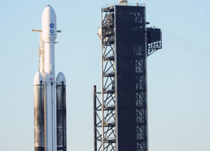 A SpaceX Falcon Heavy rocket with a NASA spacecraft bound for Jupiter stands ready for launch today on pad 39A at the Kennedy Space Center Monday, Oct. 14, 2024 in Cape Canaveral, Fla. (AP Photo/John Raoux)