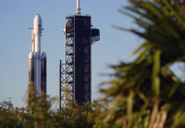 A SpaceX Falcon Heavy rocket with a NASA spacecraft bound for Jupiter stands ready for launch on pad 39A at the Kennedy Space Center Monday, Oct. 14, 2024 in Cape Canaveral, Fla. (AP Photo/John Raoux)