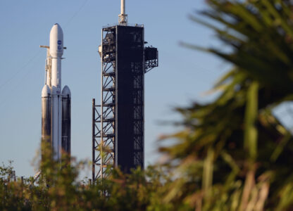 A SpaceX Falcon Heavy rocket with a NASA spacecraft bound for Jupiter stands ready for launch on pad 39A at the Kennedy Space Center Monday, Oct. 14, 2024 in Cape Canaveral, Fla. (AP Photo/John Raoux)