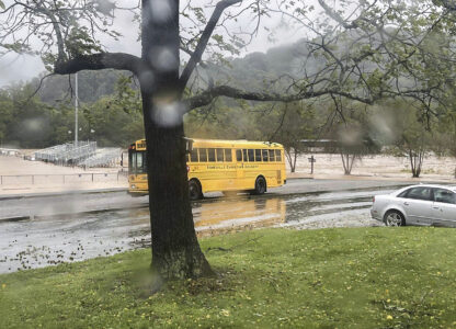 FILE - This photo provided by Kelly Benware shows flooding around the football field at Asheville Christian Academy in Swannanoa, N.C., on Friday, Sept. 27, 2024. (Kelly Benware via AP, File)