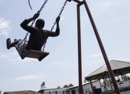 Children, some suffering from traumatic stress caused by the ongoing fighting between government troops and M23 rebels, play in Goma, Democratic Republic of the Congo, Thursday, Aug. 29, 2024. (AP Photo/Moses Sawasawa)