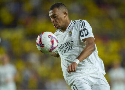 FILE - Real Madrid's Kylian Mbappe tries to control the ball during the Spanish La Liga soccer match between Las Palmas and Real Madrid at the Gran Canaria stadium in Las Palmas, Spain's Canary Islands, Thursday, Aug. 29, 2024. (AP Photo/Gabriel Jimenez, File)