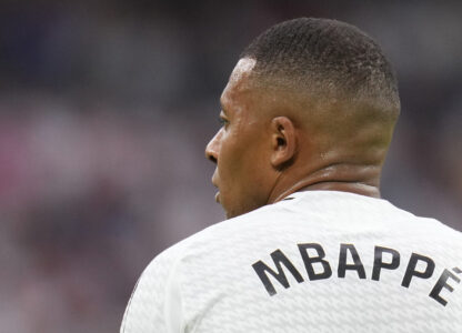 FILE - Real Madrid's Kylian Mbappe attends the Spanish La Liga soccer match between Real Madrid and Valladolid at the Santiago Bernabeu stadium in Madrid, Spain, Sunday, Aug. 25, 2024. (AP Photo/Manu Fernandez, File)