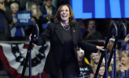 Democratic presidential nominee Vice President Kamala Harris arrives to speak during a campaign rally at Erie Insurance Arena, in Erie, Pa., Monday, Oct. 14, 2024. (AP Photo/Jacquelyn Martin)