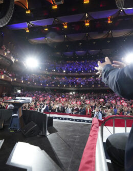 Republican presidential nominee former President Donald Trump arrives at a campaign event at the Cobb Energy Performing Arts Centre, Tuesday, Oct. 15, 2024, in Atlanta. (AP Photo/Alex Brandon)