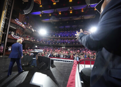 Republican presidential nominee former President Donald Trump arrives at a campaign event at the Cobb Energy Performing Arts Centre, Tuesday, Oct. 15, 2024, in Atlanta. (AP Photo/Alex Brandon)