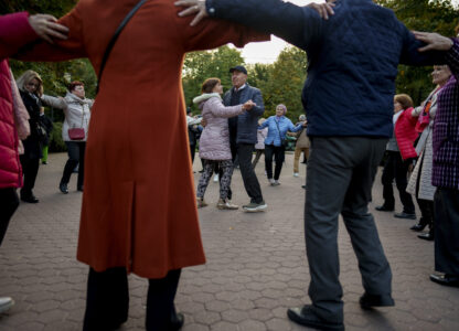 Retirees dance during a weekly event in a park in Chisinau, Moldova, Saturday, Oct. 19, 2024. (AP Photo/Vadim Ghirda)