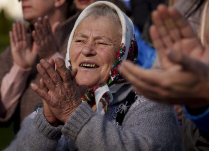 Supporters of Renato Usatii, leader of the Our Party and presidential candidate, applaud him during a rally on the final day of electoral campaign in Chisinau, Moldova, Friday, Oct. 18, 2024, ahead of a presidential election and a referendum on whether to enshrine in Moldova's Constitution its path to European Union membership that will take place on Oct. 20. (AP Photo/Vadim Ghirda)