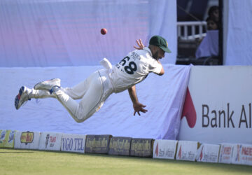 Pakistan's Sajid Khan attempts to take a catch of England's Jamie Smith on the boundary edge during the day one of third test cricket match between Pakistan and England, in Rawalpindi, Pakistan, Thursday, Oct. 24, 2024. (AP Photo/Anjum Naveed)