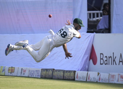 Pakistan's Sajid Khan attempts to take a catch of England's Jamie Smith on the boundary edge during the day one of third test cricket match between Pakistan and England, in Rawalpindi, Pakistan, Thursday, Oct. 24, 2024. (AP Photo/Anjum Naveed)