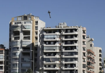 A missile launched from an Israeli jet hits a building in Ghobeiri, Beirut, Lebanon, Tuesday, Oct. 22, 2024. (AP Photo/Bilal Hussein)