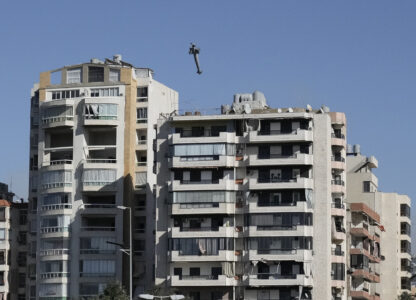 A missile launched from an Israeli jet hits a building in Ghobeiri, Beirut, Lebanon, Tuesday, Oct. 22, 2024. (AP Photo/Bilal Hussein)