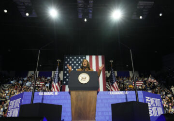 Democratic presidential nominee Vice President Kamala Harris speaks during a campaign rally at the Wings Event Center in Kalamazoo, Mich. (AP Photo/Jacquelyn Martin)