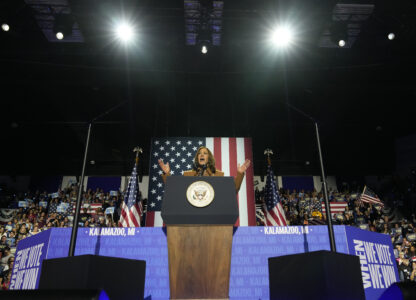 Democratic presidential nominee Vice President Kamala Harris speaks during a campaign rally at the Wings Event Center in Kalamazoo, Mich. (AP Photo/Jacquelyn Martin)