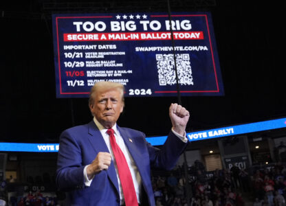 Republican presidential nominee former President Donald Trump dances at a campaign rally at the Bryce Jordan Center, Saturday, Oct. 26, 2024, in State College, Pa. (AP Photo/Alex Brandon)