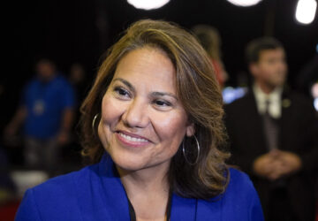 FILE - Rep. Veronica Escobar, D-Texas, is pictured in the spin room after a presidential debate, Sept. 10, 2024, in Philadelphia. (AP Photo/Matt Rourke, File)