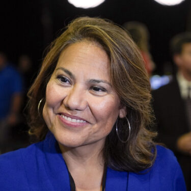 FILE - Rep. Veronica Escobar, D-Texas, is pictured in the spin room after a presidential debate, Sept. 10, 2024, in Philadelphia. (AP Photo/Matt Rourke, File)