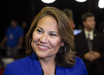 FILE - Rep. Veronica Escobar, D-Texas, is pictured in the spin room after a presidential debate, Sept. 10, 2024, in Philadelphia. (AP Photo/Matt Rourke, File)