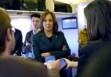 Democratic presidential nominee Vice President Kamala Harris speaks with members of the press on board Air Force Two at Philadelphia International Airport, Monday, Oct. 21, 2024, in Philadelphia, before departing to Michigan. (AP Photo/Jacquelyn Martin, Pool)