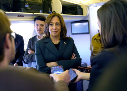 Democratic presidential nominee Vice President Kamala Harris speaks with members of the press on board Air Force Two at Philadelphia International Airport, Monday, Oct. 21, 2024, in Philadelphia, before departing to Michigan. (AP Photo/Jacquelyn Martin, Pool)