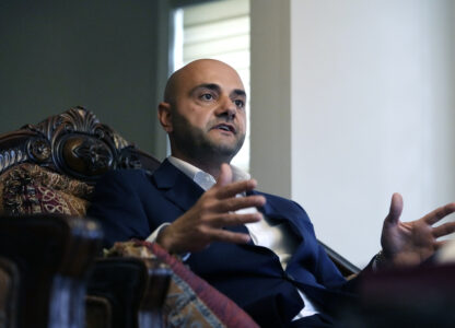 Assad Turfe, a Lebanese American and the deputy executive of Wayne County, is interviewed, Oct. 23, 2024 in Dearborn, Mich. Turfe is among the few Arab American leaders in Michigan to have endorsed presidential candidate Kamala Harris. (AP Photo/Carlos Osorio)