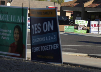 Some of the many political signs on display for the upcoming general election Thursday, Sept. 26, 2024, in Tempe, Ariz. (AP Photo/Ross D. Franklin)