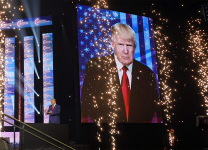 Republican presidential nominee former President Donald Trump arrives at a Turning Point Action campaign rally, Wednesday, Oct. 23, 2024, in Duluth, Ga. (AP Photo/Alex Brandon)