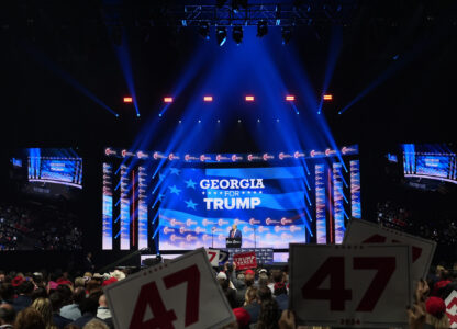 Republican presidential nominee former President Donald Trump speaks at a Turning Point Action campaign rally, Wednesday, Oct. 23, 2024, in Duluth, Ga. (AP Photo/Alex Brandon)