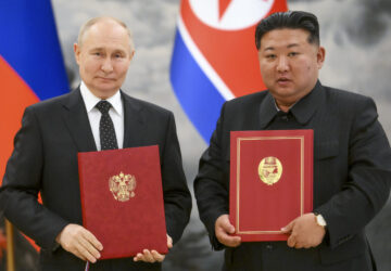 FILE - Russian President Vladimir Putin, left, and North Korea's leader Kim Jong Un pose for a photo during a signing ceremony of the new partnership in Pyongyang, North Korea, on June 19, 2024. (Kristina Kormilitsyna, Sputnik, Kremlin Pool Photo via AP, File)