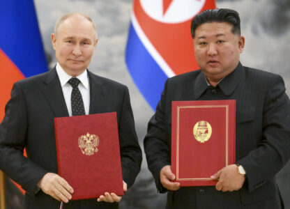 FILE - Russian President Vladimir Putin, left, and North Korea's leader Kim Jong Un pose for a photo during a signing ceremony of the new partnership in Pyongyang, North Korea, on June 19, 2024. (Kristina Kormilitsyna, Sputnik, Kremlin Pool Photo via AP, File)