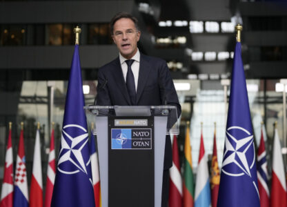 FILE - NATO Secretary General Mark Rutte delivers a statement, after a meeting with a high level South Korean delegation including top intelligence and military officials as well as senior diplomats briefed NATO diplomats, at NATO headquarters in Brussels on Oct. 28, 2024. (AP Photo/Virginia Mayo, File)