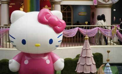 A Hello Kitty figure welcomes visitors at Sanrio Puroland during her 50th birth anniversary celebrations in Tama, a western suburb of Tokyo, Japan, Friday, Nov. 1, 2024. (AP Photo/Hiro Komae)