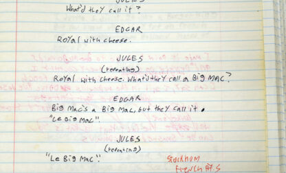 A page from writer/director Quentin Tarantino's handwritten script draft for his 1994 film 