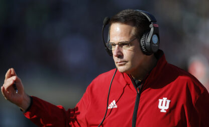 Indiana coach Curt Cignetti gestures during the first half of an NCAA college football game against Michigan State, Saturday, Nov. 2, 2024, in East Lansing, Mich. (AP Photo/Al Goldis)